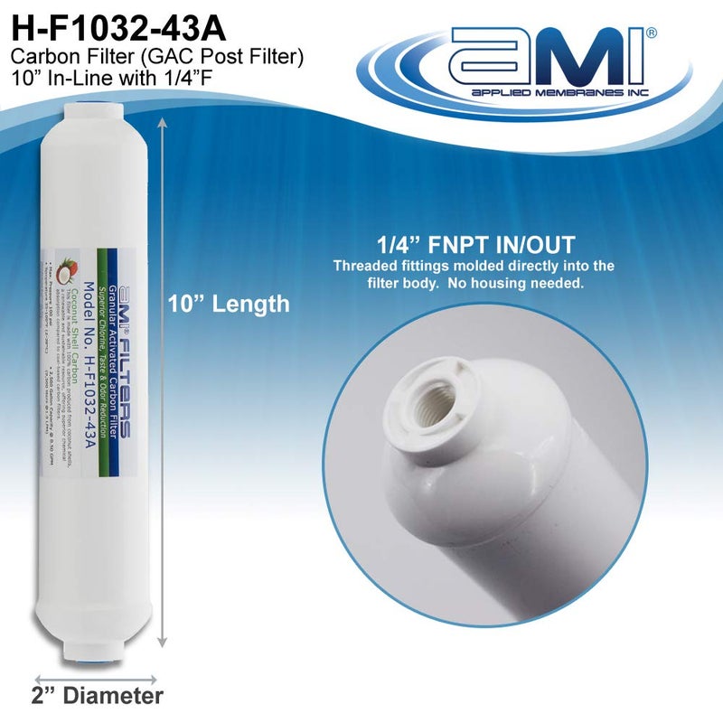 APPLIED MEMBRANES INC. Inline Carbon Water Filter | 10" Length | 1/4" Threaded Female In/Out | For Chlorine Taste & Odor or Post Filter for Home RO | RO Stage 5 Polishing Filter (1, 1/4" Female Threade) - Image 2